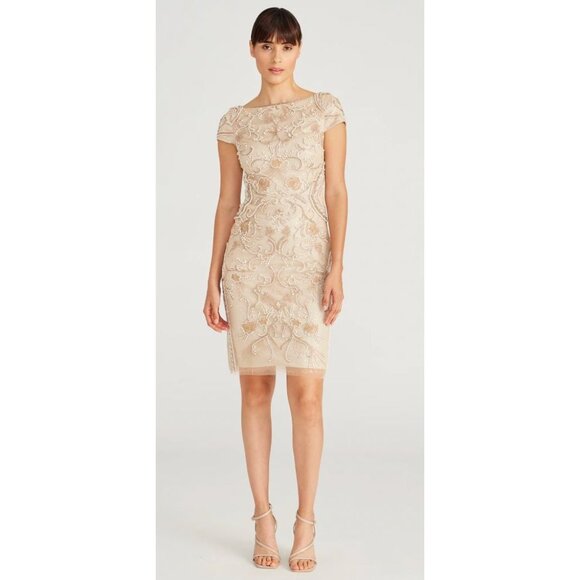 Theia Silvia Bateau Beaded Midi Dress Tan Metallic Sample Size 0  $845 [jb] - Picture 4 of 12